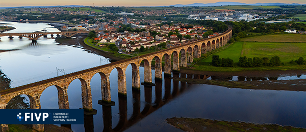 A view of Berwick-upon-Tweed from the sky. A large brick bridge over the river Tweed leads away from the town. The sun is setting.